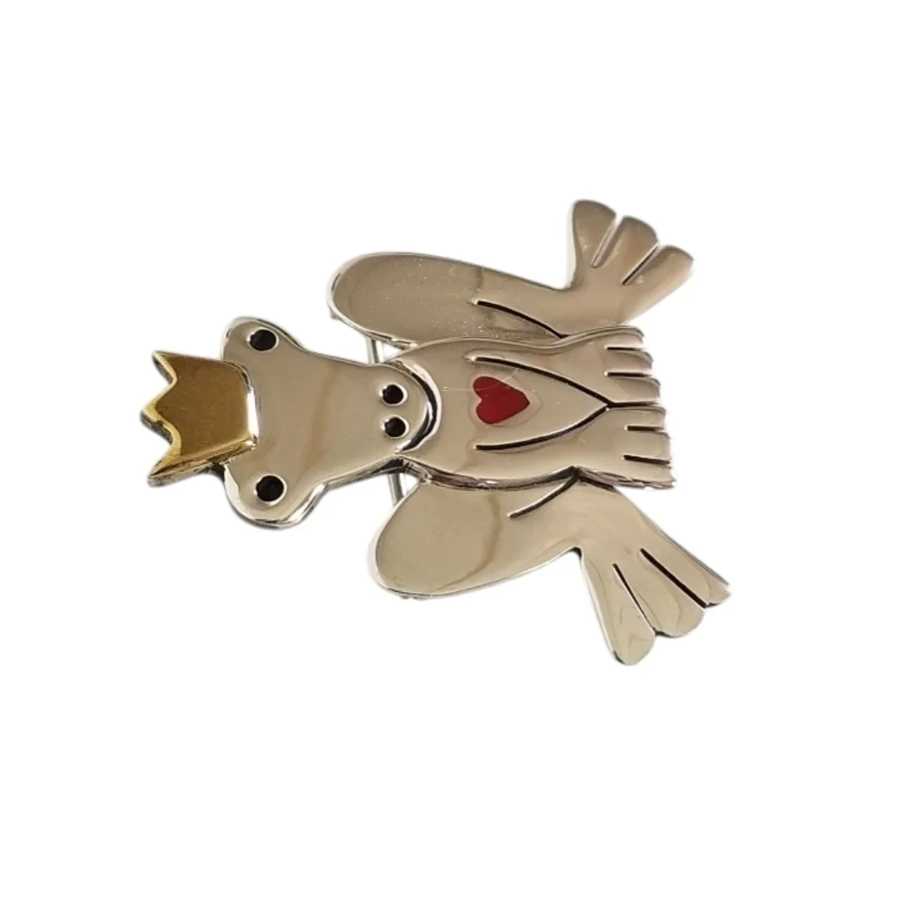 Vintage A&J Harvey Sterling Silver Frog Prince Brooch Brass Crown Enameled Heart